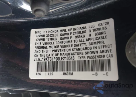 2020 Honda Civic Touring from USA, damaged, VIN 19XFC1F90LE210543